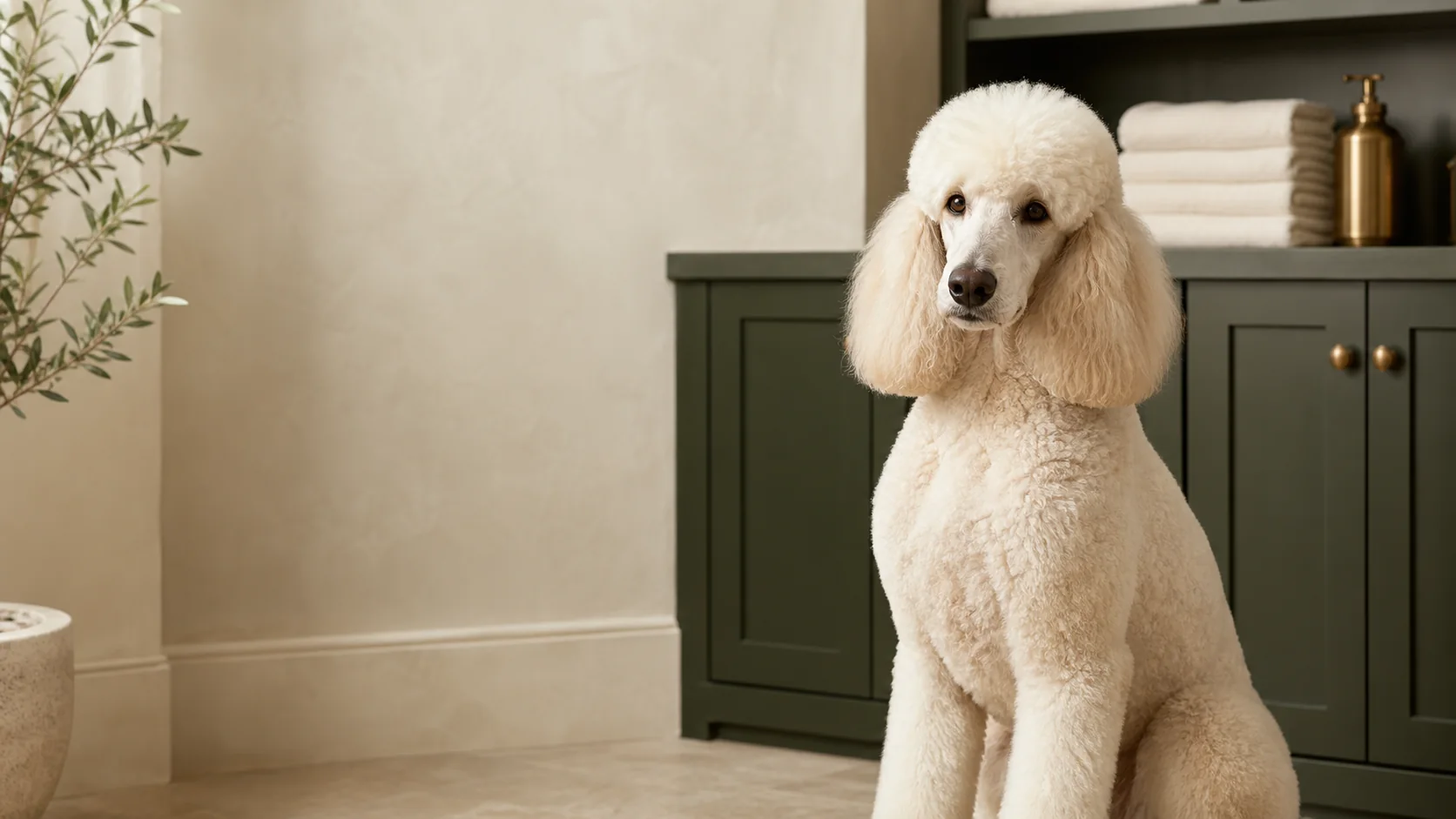 A freshly groomed cream poodle sitting calmly in an elegant grooming studio